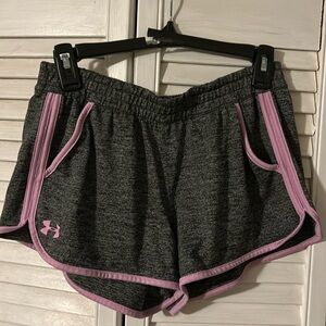 Gray and pink/purple under armor shorts. Size small.